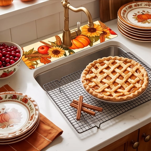 Fall Thanksgiving Pumpkin Sink Mat for Faucet Sink Splash Guard Faucet Handle Drip Catcher for Kitchen Bathroom Absorbent Microfiber Dish Drying Mat