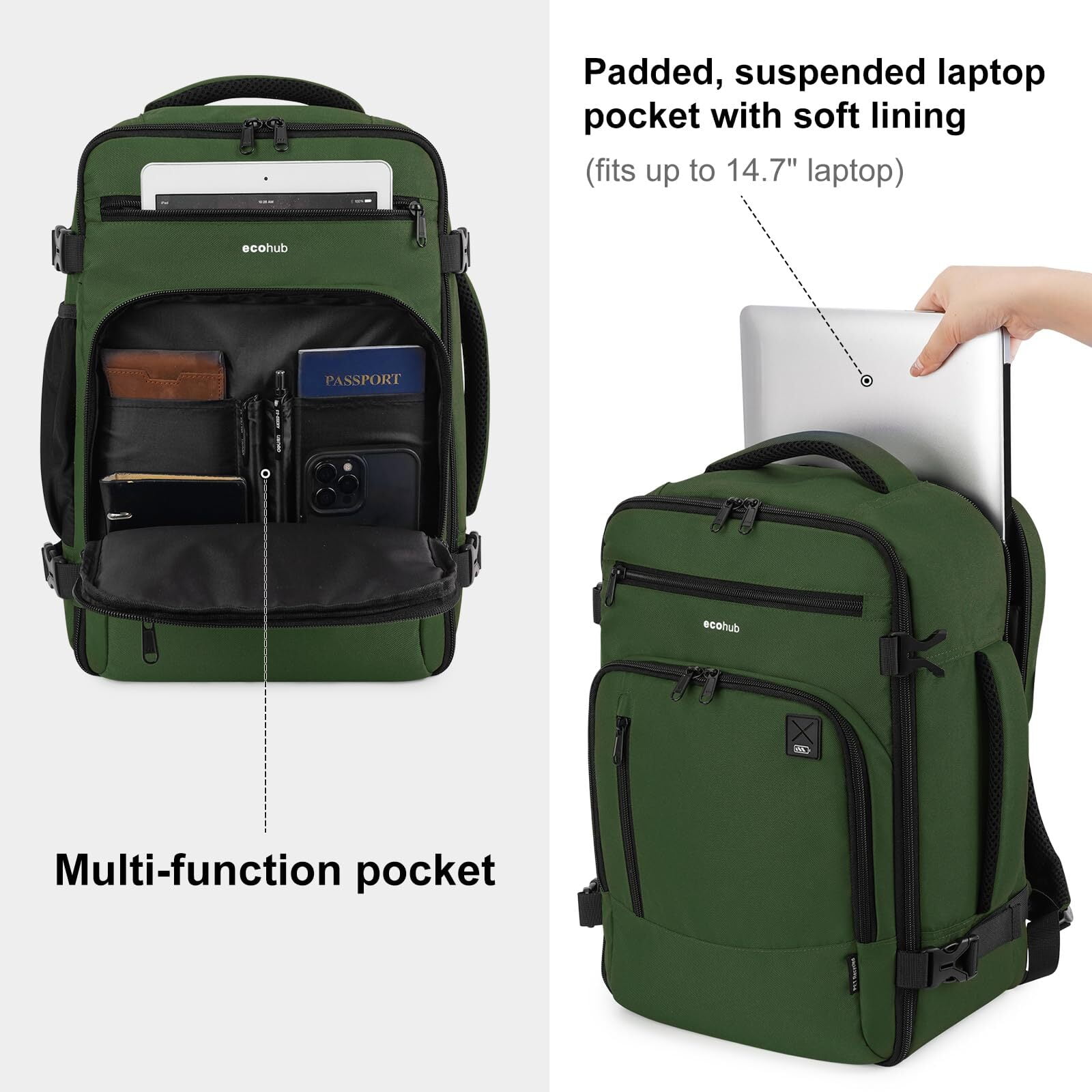 16" Travel Laptop Backpack with Handle Airline Approved Full Open Carry on Business Daypack for Women Men Travel Essentials Casual Hiking, 20L, Green