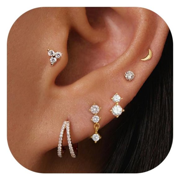 ATJIA 5 Pairs Gold Stud Earrings for Women Hypoallergenic 925 Sterling Silver Cartilage Earrings Trendy CZ Earring Sets for Multiple Piercing Cute Stacks