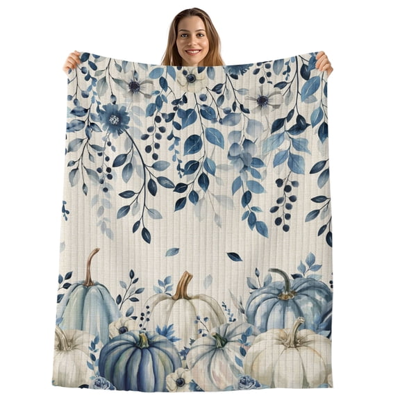 Vintage Fall Blue Throw Blanket,Flannel Fleece Blanket with Striped Design for Couch,Thanksgiving Botanical Pumpkins Rustic Soft Breathable All Season Plush Blankets for Sofa Office Car Seat 40"x60"