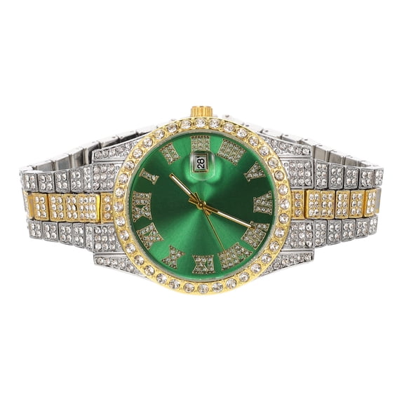 BESTYASH Encrusted Men Watch with Green Stainless Steel Band and Precise Quartz Movement