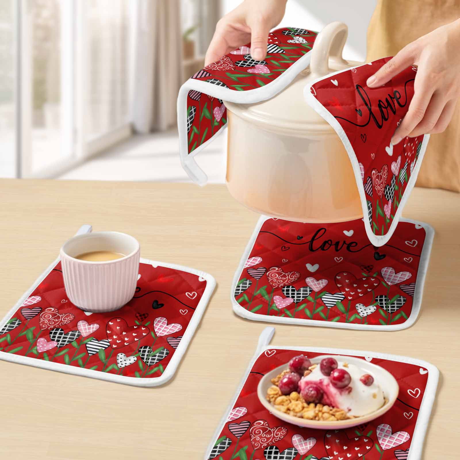 Red Love, Pot Holders for Kitchen Heatproof Potholder, 5 Pack Spring Valentine's Plant Dots Lattice Stripe Hot Pads Multipurpose Oven Pads Cloth Potholders Trivet for Cooking Baking