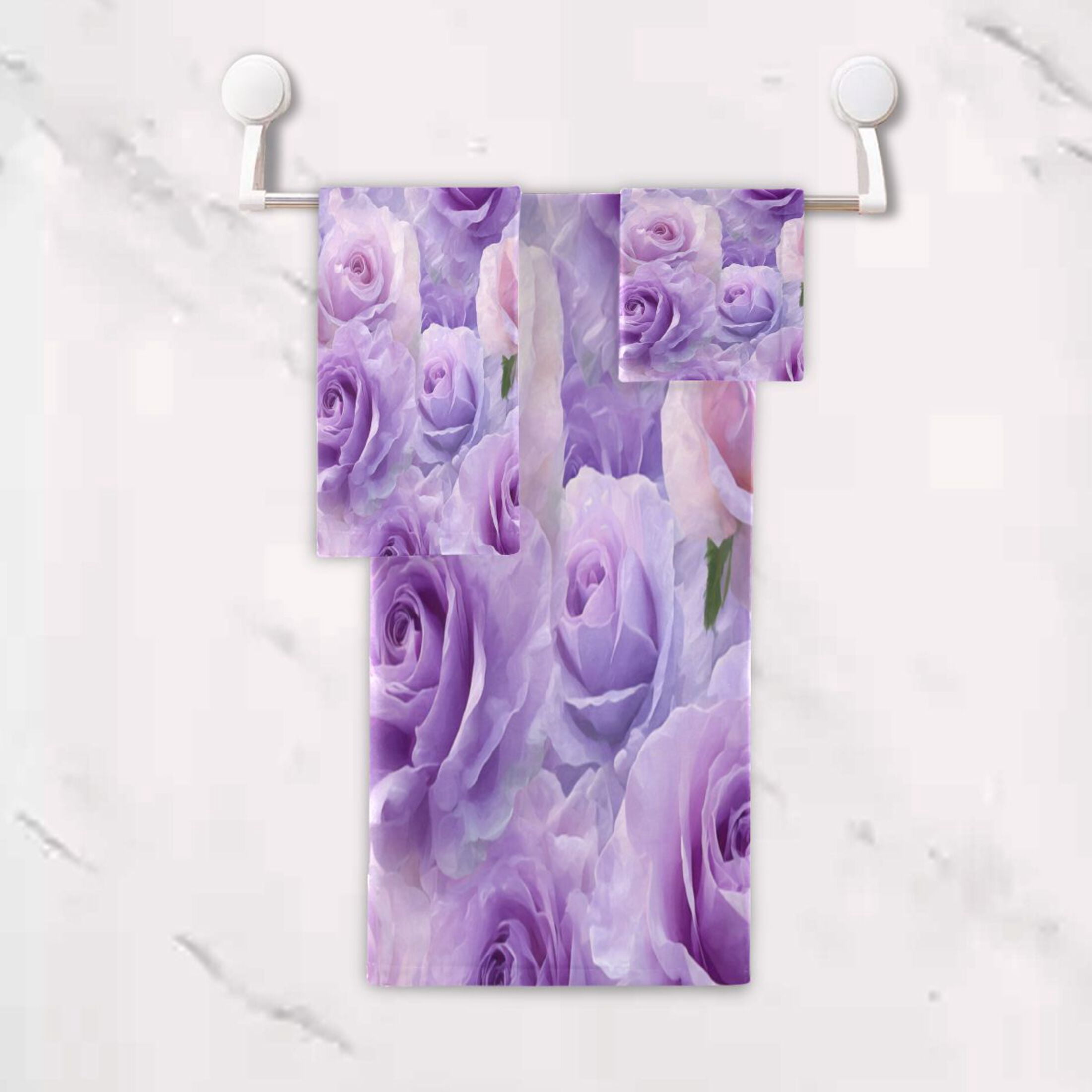 3 Piece Bath Towels Set Bath Towel, Hand Towel and Face Towel for Bathroom, Gym, Hotel Light Purple Roses Pattern