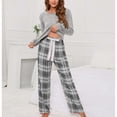 thumbnail image 4 of Conjunto de pijama de manga larga para mujer, pantalones a cuadros con cierre de cordón, jersey, Top transpirable, conjunto de ropa de descanso de 2 piezas, gris L, 4 of 6