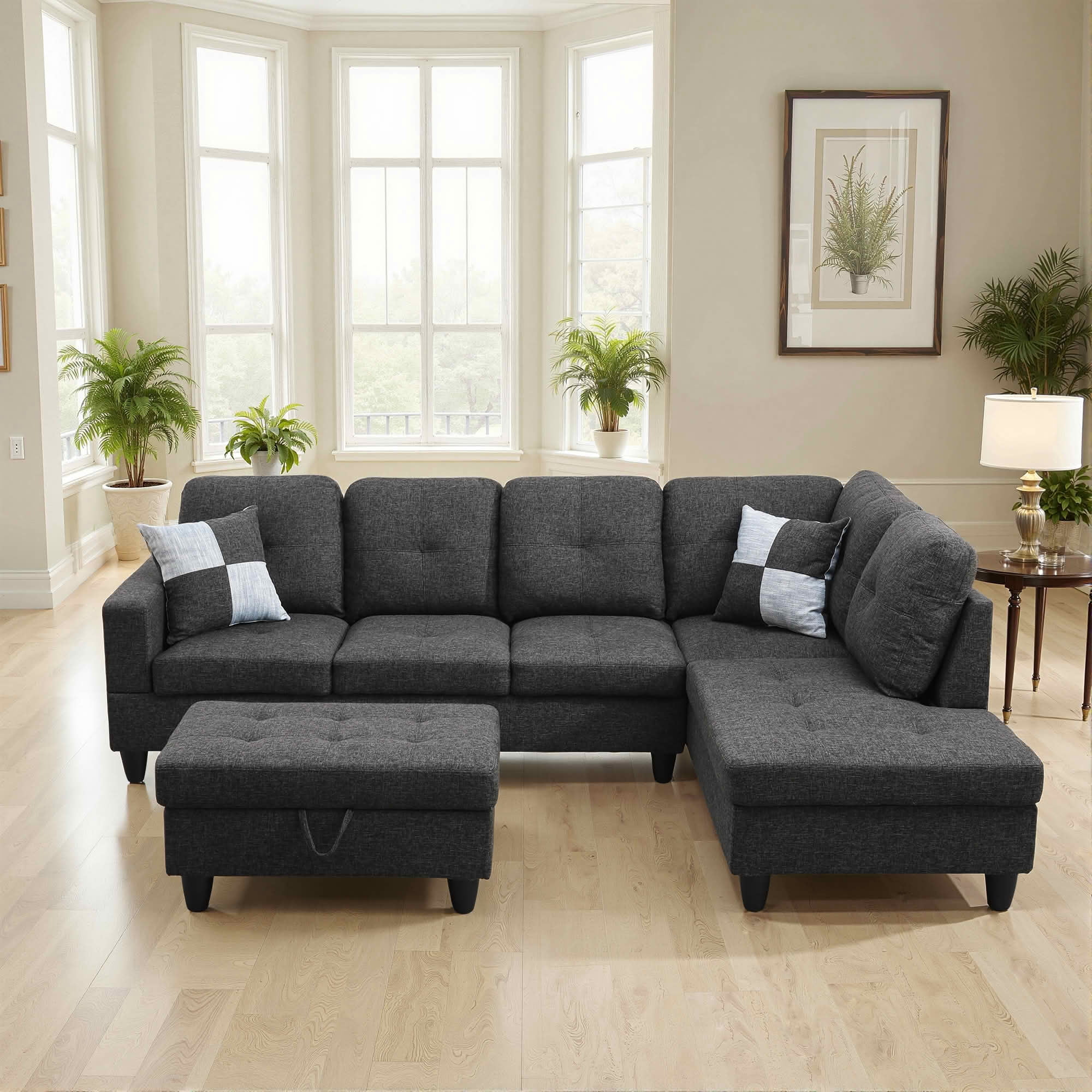 MAYEERTY 103.5" Black Gray Flannel & Faux Leather L-Shaped Sectional Sofa, 3 Piece Tufted Corner Couch with Storage Ottoman Solid Wood Frame