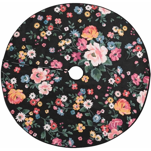 FMSHPON Trendy Floral Roses Xmas Christmas Tree Skirt Stand Mat for Holiday Party Decoration Indoor Outdoor 48 inches