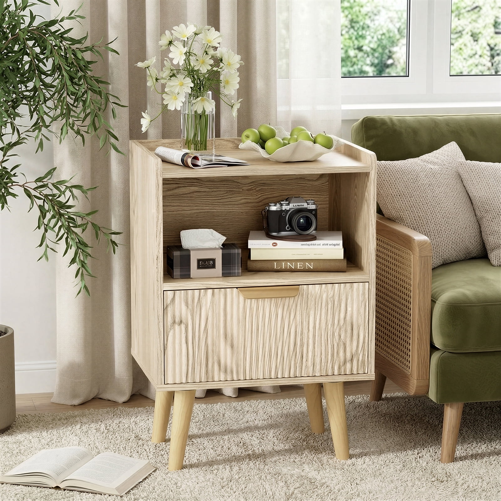 Gelloan Fluted Nightstand, Bed Side Table with Drawer, Solid Wood Feet, Open Storage, End Table with Raised Edge, for Bedroom, Dorm and Small Spaces,Natural