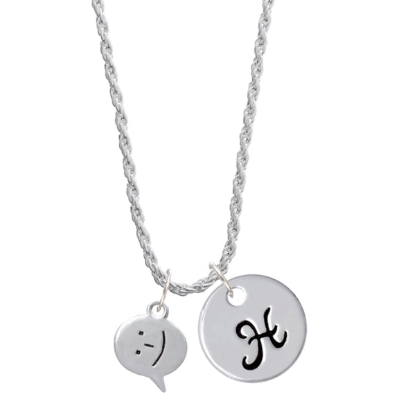 Delight Jewelry Silvertone Emoticon :-) - Smiling - Silvertone Script Initial Disc - H - Charm Necklace, 20"+3"