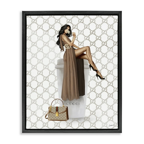 Stupell Industries Chic Woman & Coffee Beauty & Fashion Painting Black Floater Framed Art Print Wall Art, 17 x 21