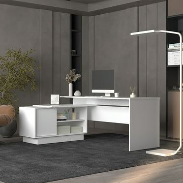 70.5" L Shape Desk, Large Executive Office Desk with 1 Cabinet and 2 Open Shelves, Business Furniture Desk Workstation for Home Office, White
