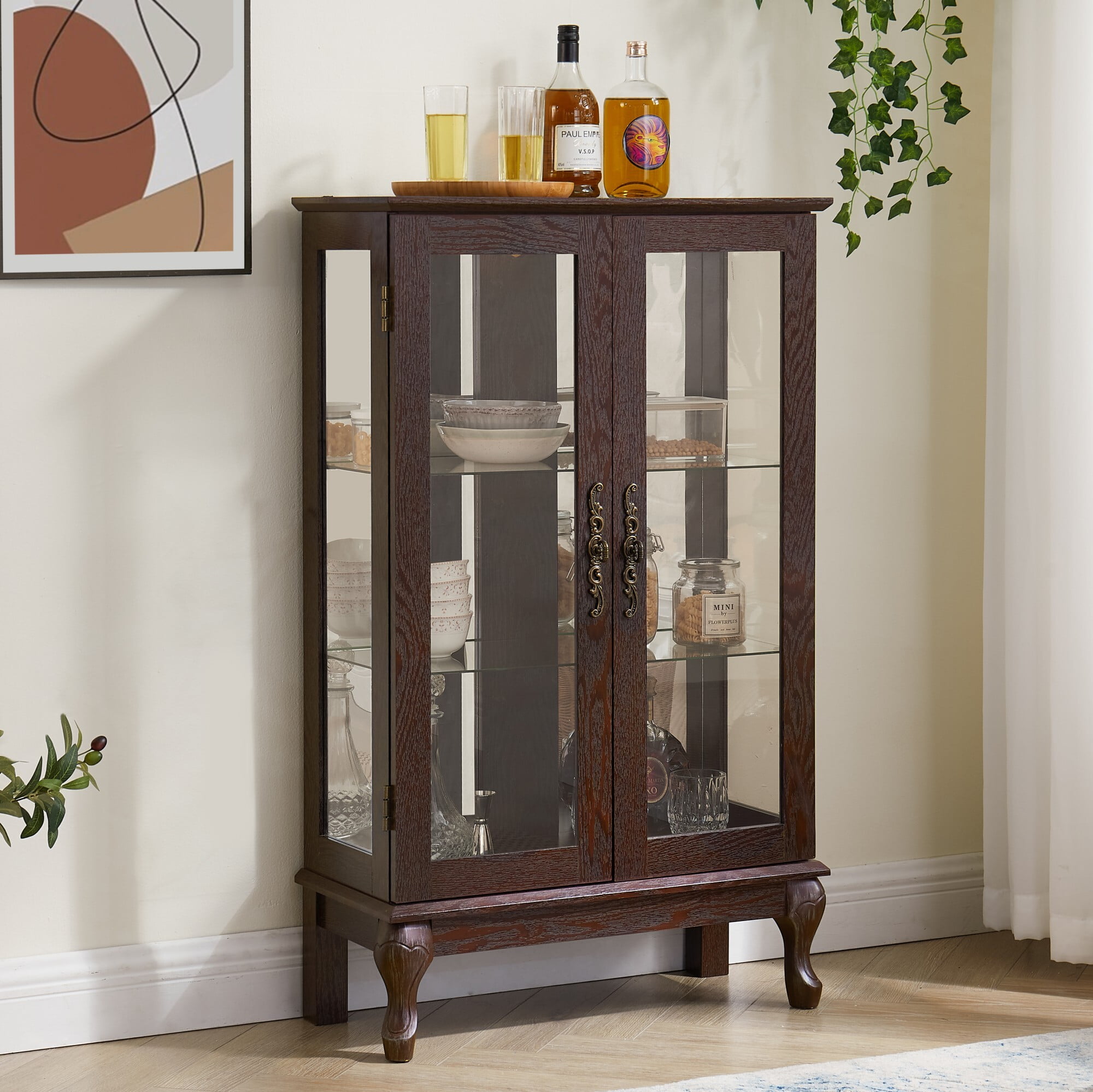 AENKYO Retro Glass Curio Cabinet with Light Bulb & Adjustable Shelves, Small Vintage Home Decor Display Case, Cherry