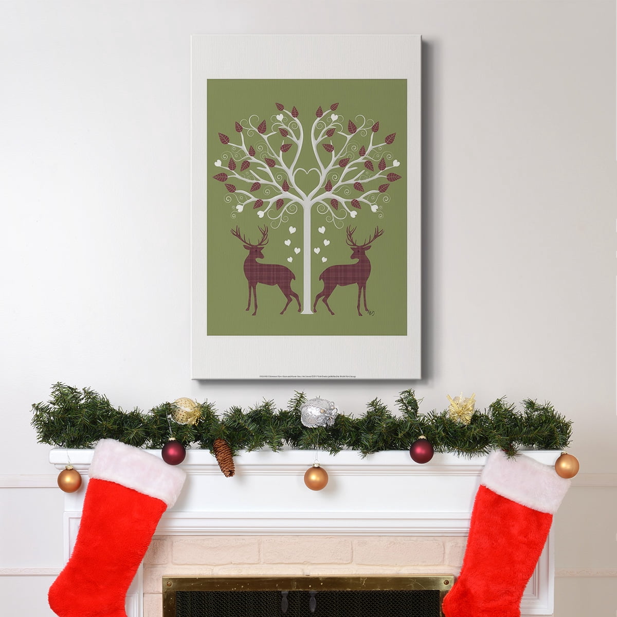 Christmas Des - Deer and Heart Tree, Pink On Green- Gallery Wrapped Canvas