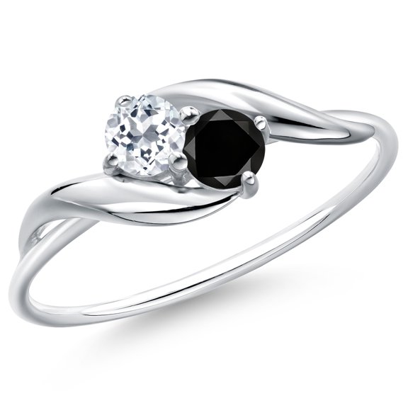 Gem Stone King 10K White Gold Round White Topaz and Black Diamond Ring for Women (0.39 Cttw, Round 3.5MM, Gemstone November Birthstone, Size 9)
