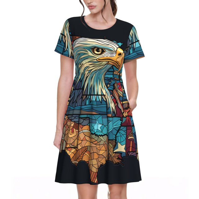 Disketp Stained Glass Eagle USA para Vestido de Manga Corta para Mujeres, Vestidos de Verano para Mujeres, Casual y Holgado para la Playa