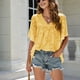 thumbnail image 4 of Camisas de jacquard de verano para mujer, blusa elegante con mangas acampanadas y cuello en V con volantes de Color puro para citas, 4 of 8