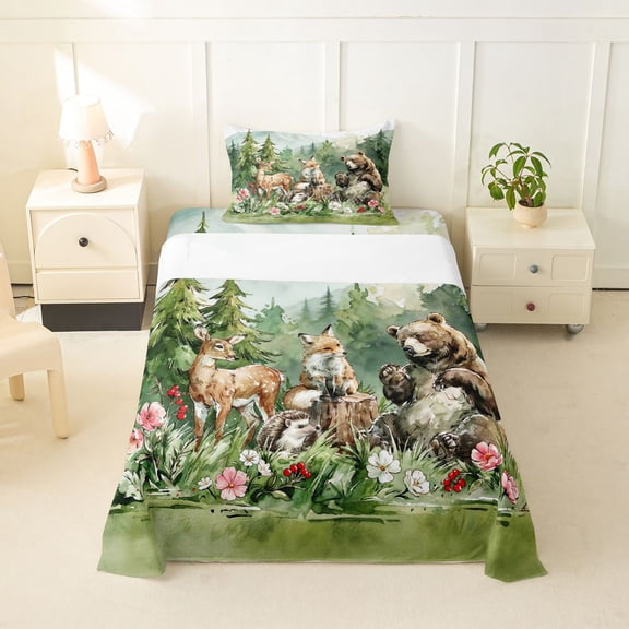Manfei Kawaii Fox Twin Sheets,Cute Bear Print Bedding,Green,3pcs,1 Fitted Sheet and 1 Pillowcase