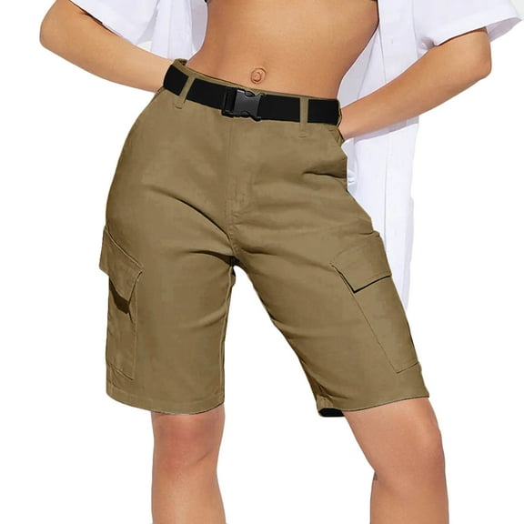 ABATAB Bermuda Cargo Shorts for Women Lightweight Hiking Shorts Solid Casual Belt Summer Trendy Shorts with Pockets