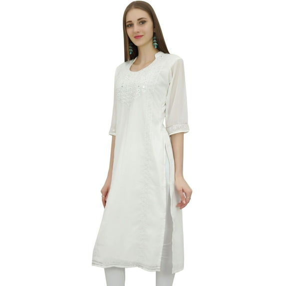 Bimba Women's White Georgette Embroidered Dress Kurti Indian Kurta Clothing-10