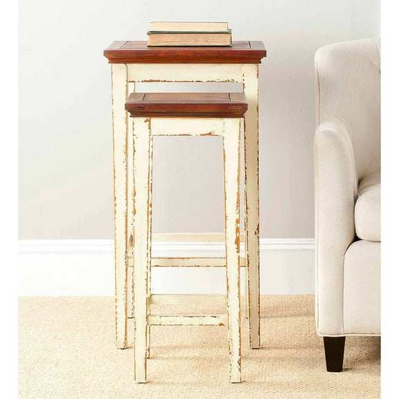 SAFAVIEH Lynne Nesting Rustic Classic Tables, White/Brown, Set of 2