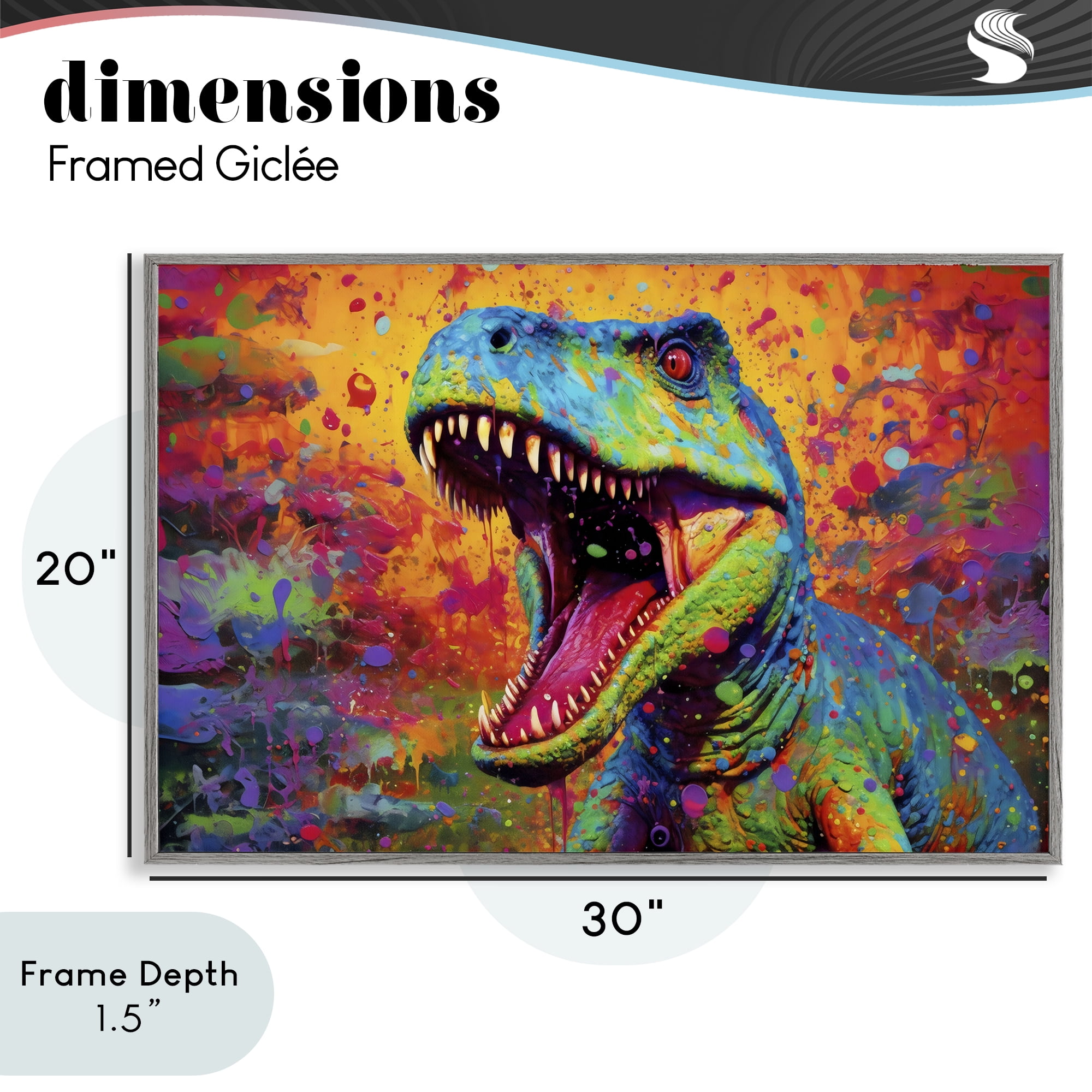 Stupell Industries Colorful T-Rex with Splatter Gray Framed Giclee Art, design by Creative Studio