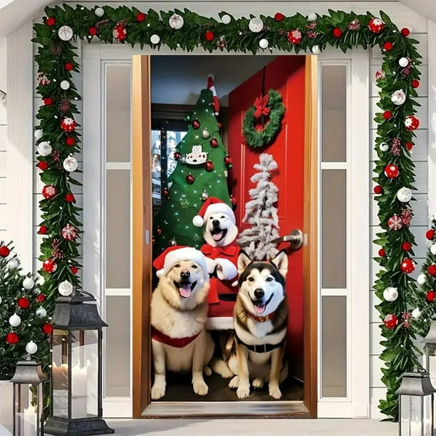 Decoraciones navideñas, adornos navideños, regalos navideños. Funda para puerta navideña hecha de tela de seda de hielo decorada con ambiente navideño. Funda para puerta de fibra de poliéster.