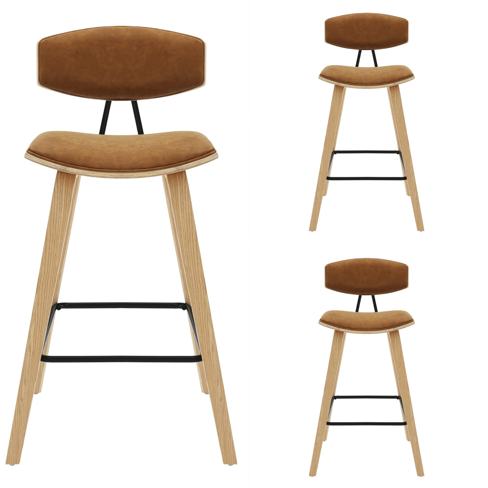 Fox 36 in. H Counter Height Camel Curved Back Wood Bar Stool with Faux Leather Seat Set of 3