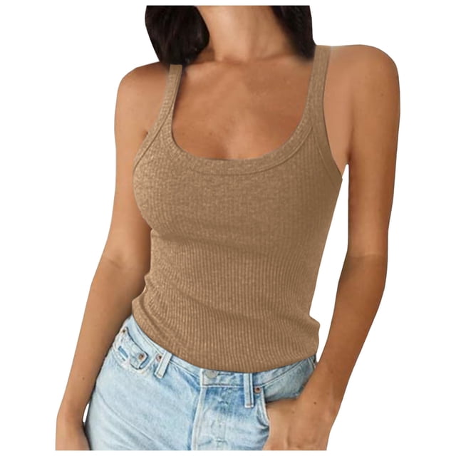 Women Spaghetti Strap Neck Ribbed Tank Tops Slim Fitted Camisole Basic Sleeveless Layering Shirts Duster Sweater Vest Print Vest Top Women Pullover Vest Sweater Vest Zipper Solid Top Sweater Vest for