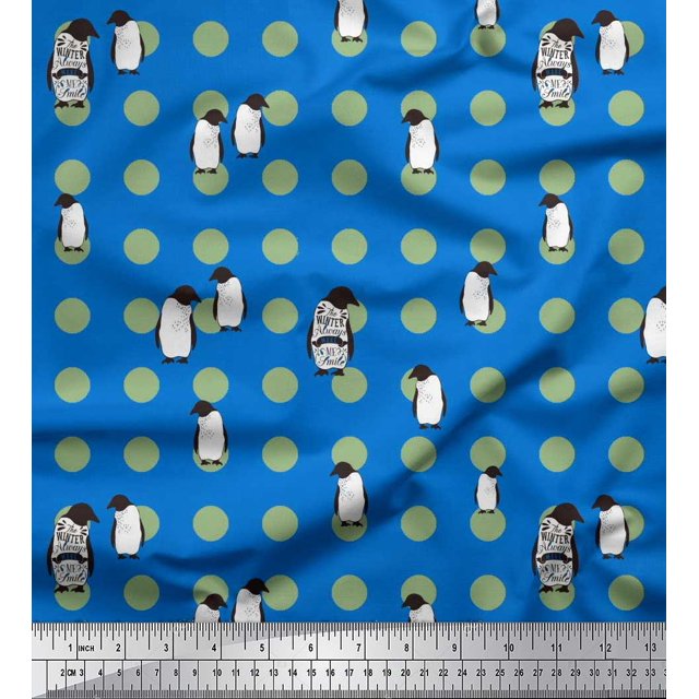Soimoi Crepe Silk Fabric Dot & Penguin Ocean Print Sewing Fabric Yard 42 Inch Wide