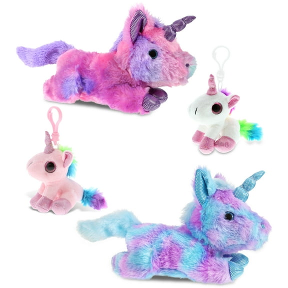 DolliBu Unicorn Plush and Keychains Set of 4 - 2 Soft Huggable Lying Unicorn Stuffed Animal Plush for Girls and 2 Keychains, Cute Animal Cuddle Gifts, Plush Doll Animal Toy for Kids and Adults