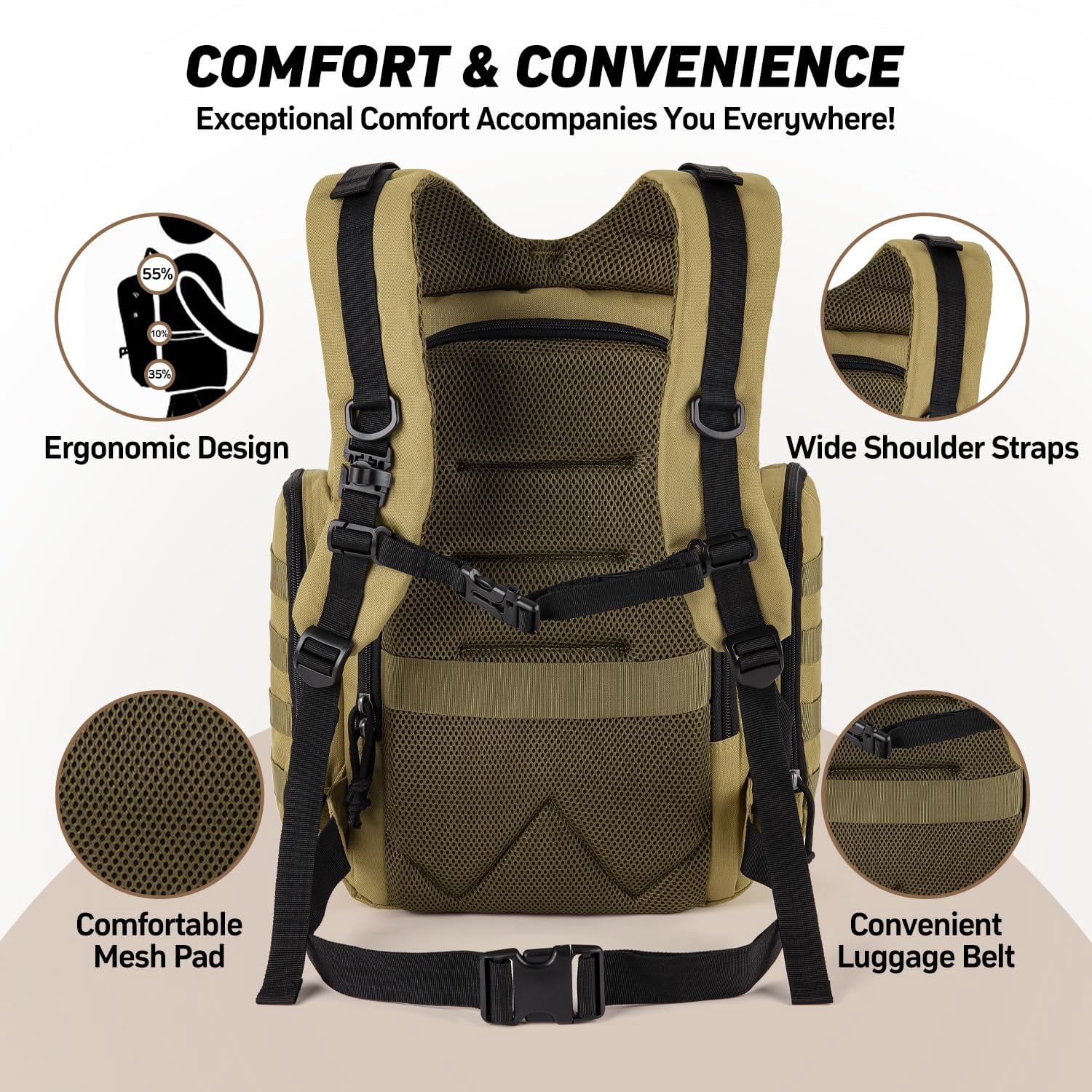 SharkMouth Baby Diaper Bag for Men - Large Military Daddy Gear Backpack with Changing Pad for Travel Camping Hiking - Army Style for Active Dad Tan