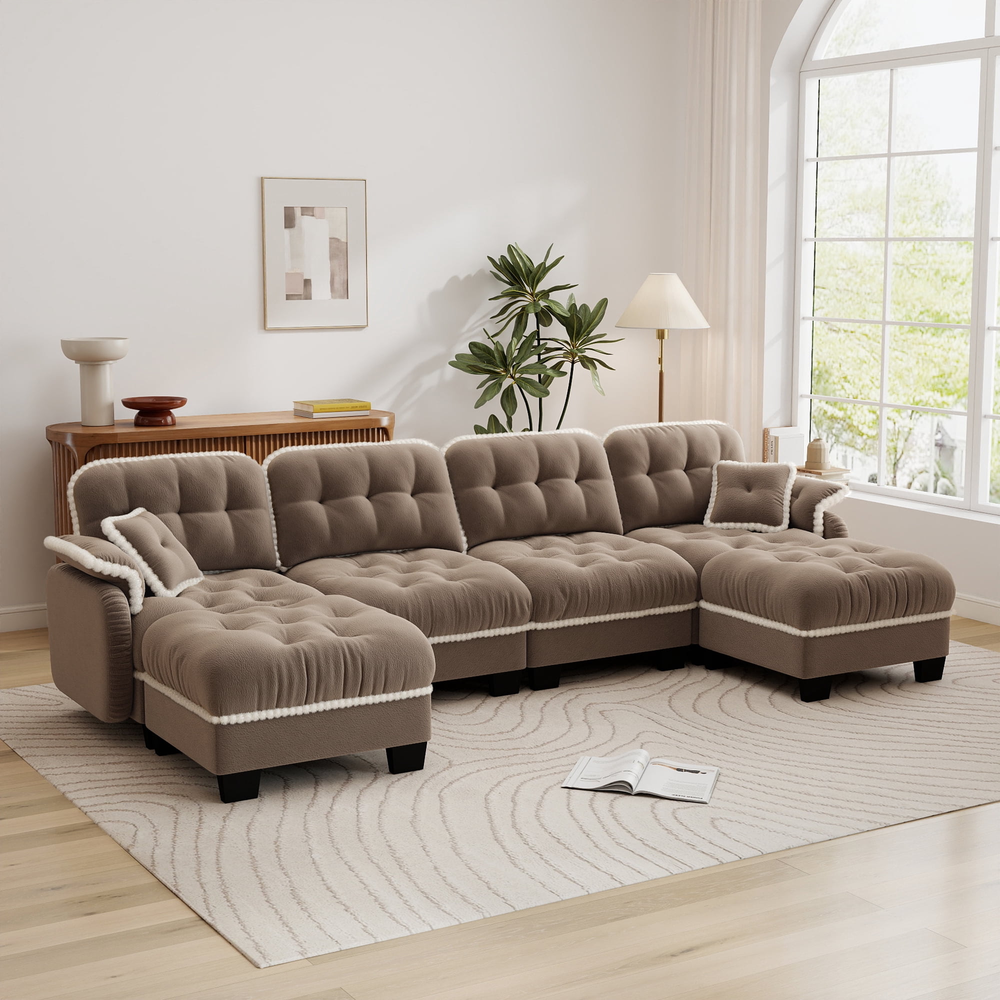 Aenkyo 131.5" Chenille Modular 4-Seater Sectional Sofa with 2 Movable Ottomans, Camel