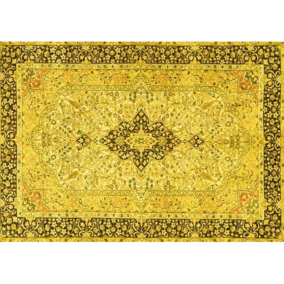 Ahgly Company Machine Washable Indoor Rectangle Medallion Yellow Traditional Area Rugs, 6' x 9'
