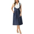 thumbnail image 2 of INSPIRE CHIC Suspender Dress for Women's  Button Front Classic U Neck Overall Denim Midi Dress with Pockets XL Black Blue, 2 of 6