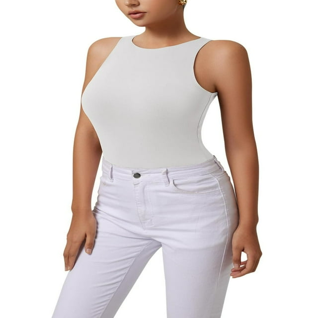 QJUHUNG Tank Bodysuit for Women Halter Neck Sleeveless Ribbed Bodysuit Basic Tank Tops