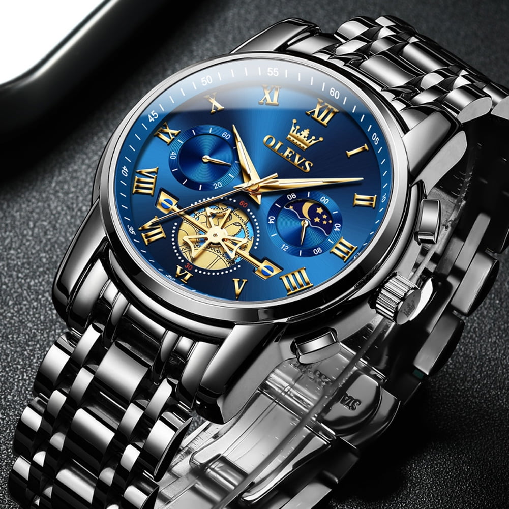 OLEVS Mens Watches Chronograph Business Dress Quartz Stainless Steel Waterproof Luminous Date Wrist Watch For Men Blue Dial