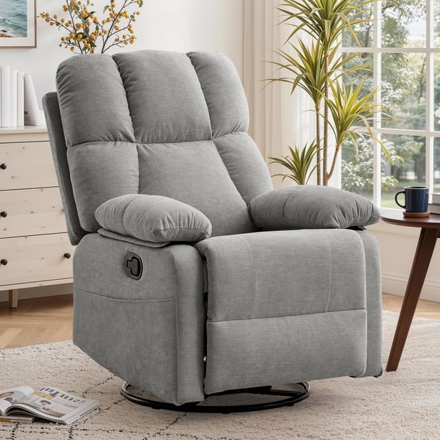 Korser Swivel Rocker Recliner Chair for Adults,360°Swivel Nursery Recliner with Side Pockets,Small Recliner Chair for Small Spaces for Living Room,Linen,Light Grey