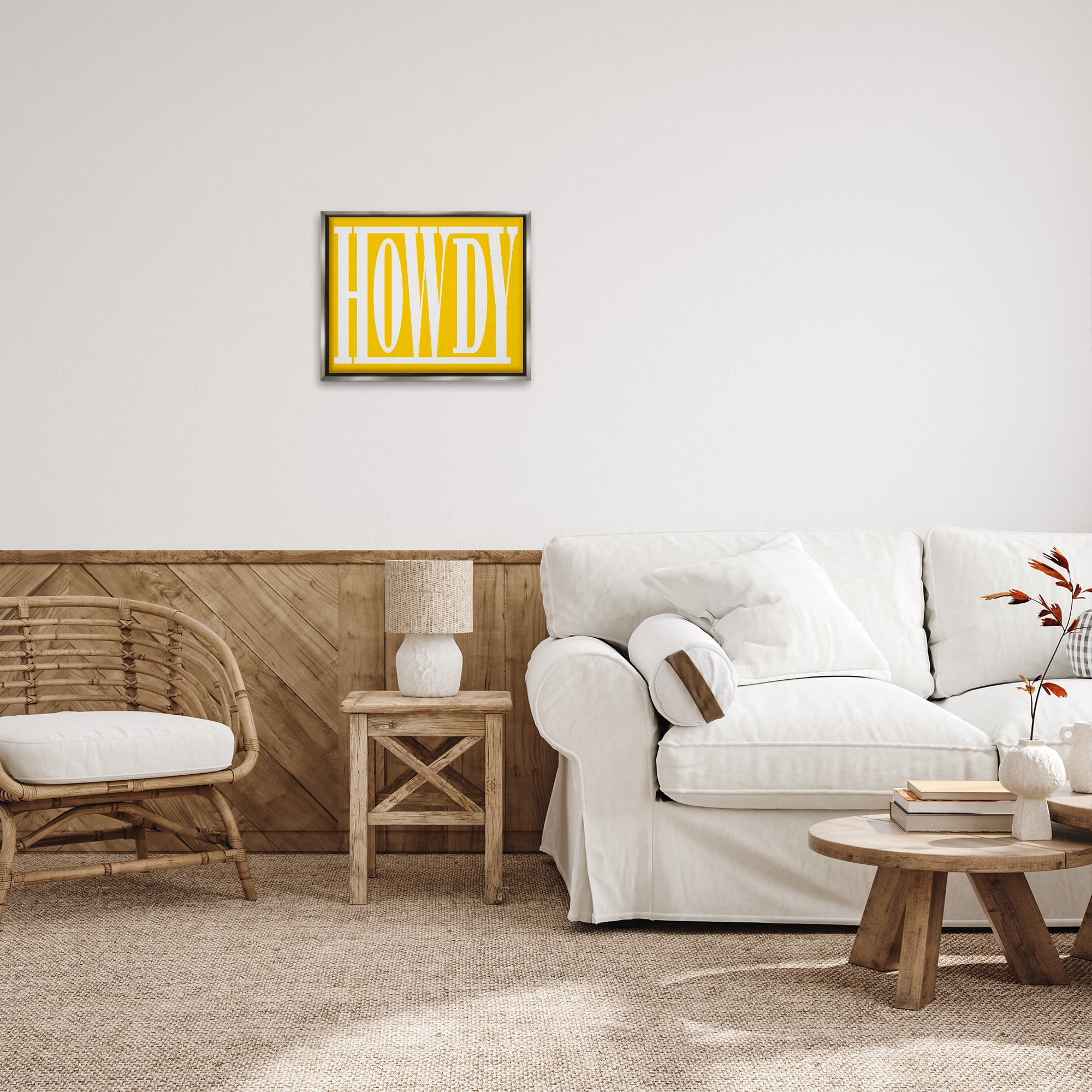 Stupell Industries Howdy Phrase on Yellow Typography Painting Gray Floater Framed Canvas Art Print Wall Art, 21 x 17