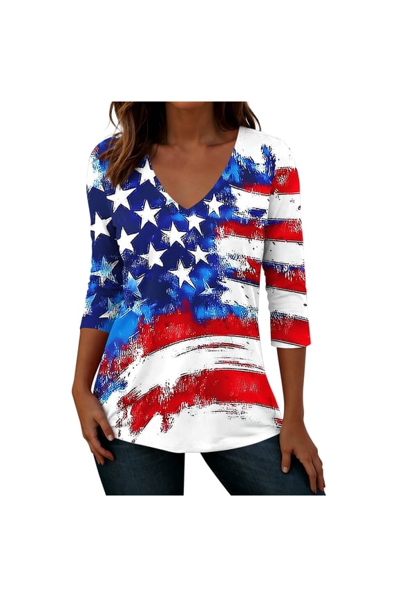4Th of July Patriotic Tunic Tops for Women USA American Flag 3/4 Sleeve V Neck Stars And Stripes Casual Loose Fit Stretchy Soft Summer Tops