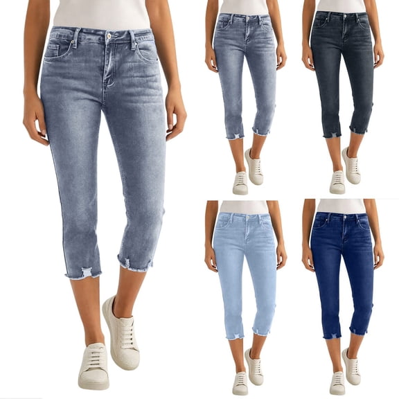 Hueook Womens Capri Pants Running Women Solid Trendy Mid Distressed Hem Casual Summer Stretchy Pocket Denim Capris Pants Light Blue XL