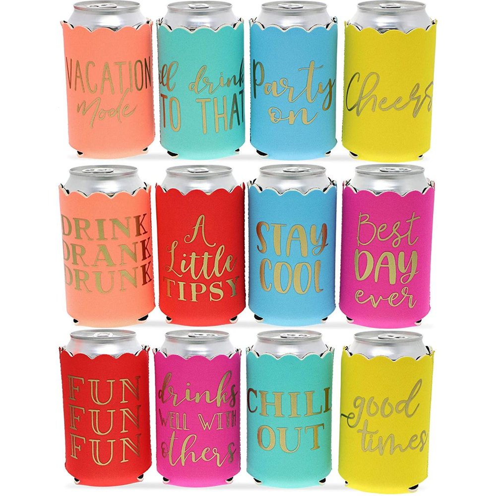 12 Pack Beer Can Cooler Sleeves, Party Koozies Supplies, 12 Designs