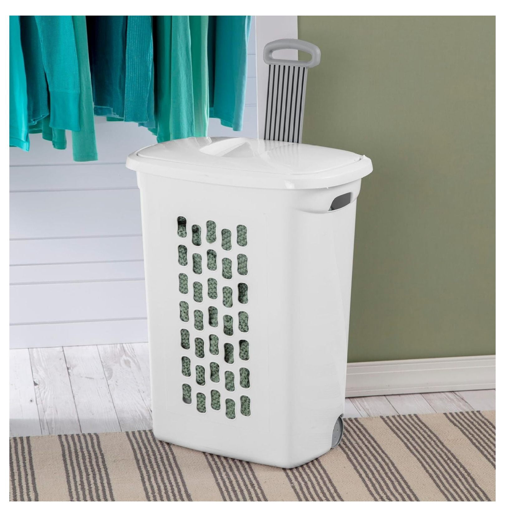 Ultra Wheeled Laundry Hamper with Lid, Handle and Wheels for Easy Rolling of Clothes to and from The Laundry Room, Plastic, White, 1-Pack