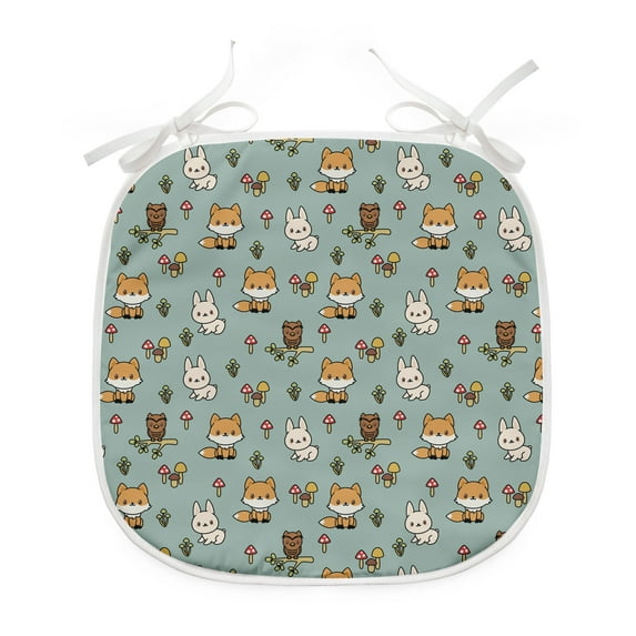 Woodsy Dining Chair Pad, Friendly Woodland Creatures Mushrooms and Plants in Cartoon Style, Water Resistant Pillow with Straps for Kitchen Seats, 6 Pieces Set, Multicolor, by Ambesonne