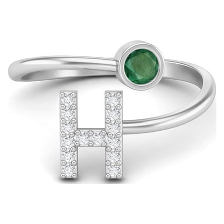 Capital H Initial Letter Emerald Women Adjustable Front Open Valentines Day Gifts Ring 925 Sterling Silver