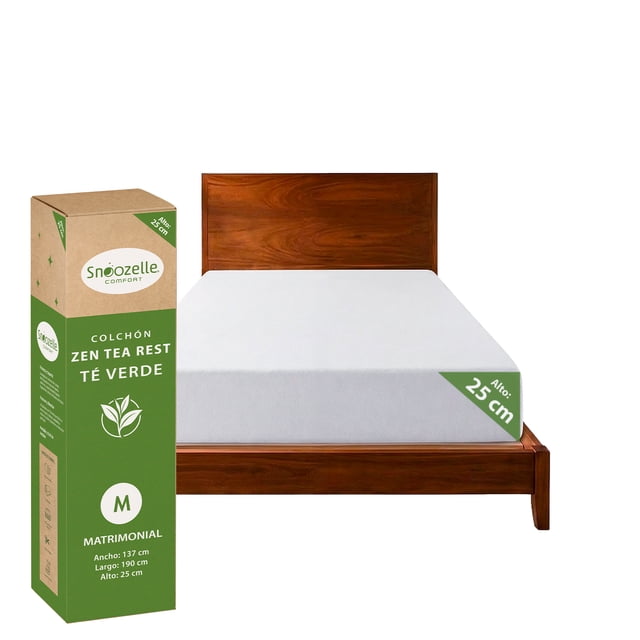 SNOOZELLE COMFORT Colchón Matrimonial Memory Foam de Té Verde en Caja, 25cm de Alto, Firmeza Media, Esencia Natural Relajante, Alivia Puntos de Presión, Ayuda a conciliar el sueño (137x190x25)