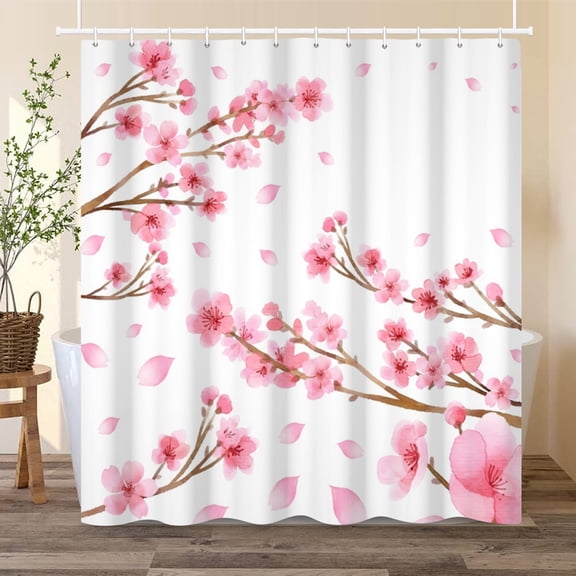 Spring Floral Shower Curtain Cherry Blossom Bath Curtain for Bathroom Decor with Hooks 72x72 in