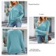 thumbnail image 5 of Camiseta de manga larga con cuello en V para mujer, suave, transpirable, color puro, dobladillo suelto, blusas casuales, tops de moda para viajes, trabajo, azul, verde, L, 5 of 6
