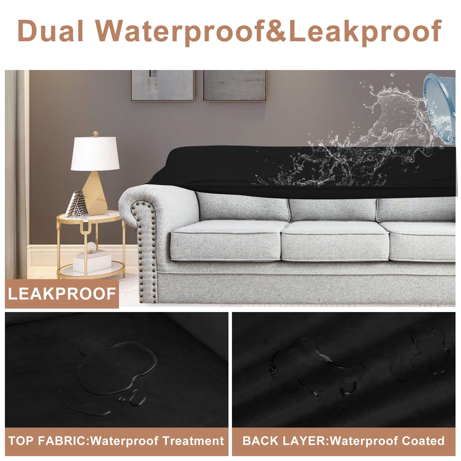 SANMADROLA 100% Waterproof Couch Covers Velvet Stretch Slipcover for 3 Cushion Sofa Cover Non Slip Leakproof Washable Furniture Protector for Kids Dogs Cats Pets, Black,Chair