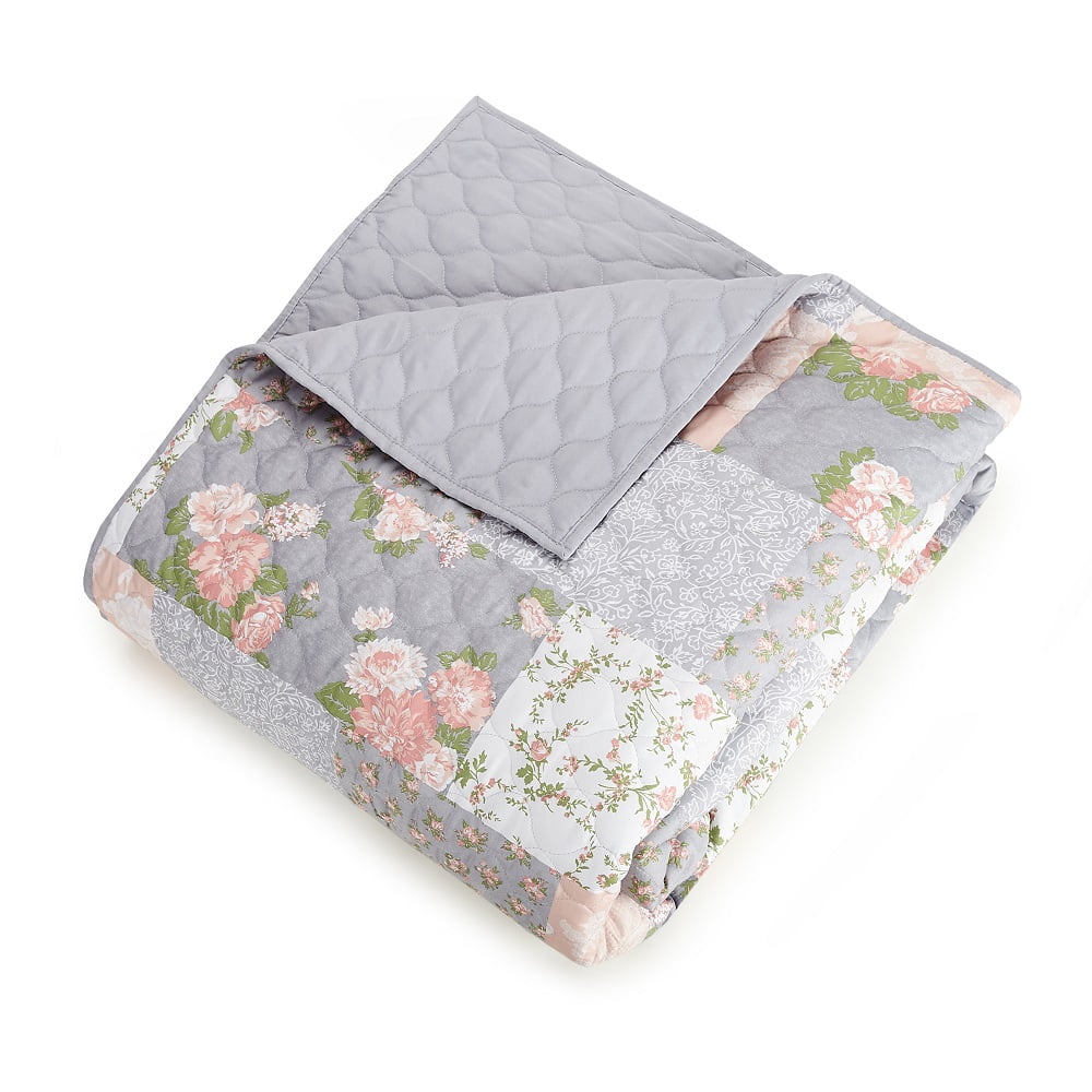 Modern Heirloom La Flor Pink Patchwork Printed 3-Piece Quilt Set, Full/Queen