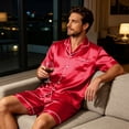 thumbnail image 3 of Resicozy Men Satin Silk Pajamas Sets Short Sleeve Sleepwear Button-Down PJs Sets 2 Pieces Loungewear with Pockets Red L, 3 of 4