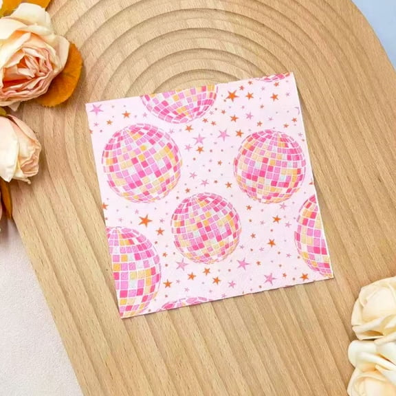 40 Count Disco Ball Paper Napkins, Pink Star Disco Pattern Disposable Party Napkins, 6.5 Inch